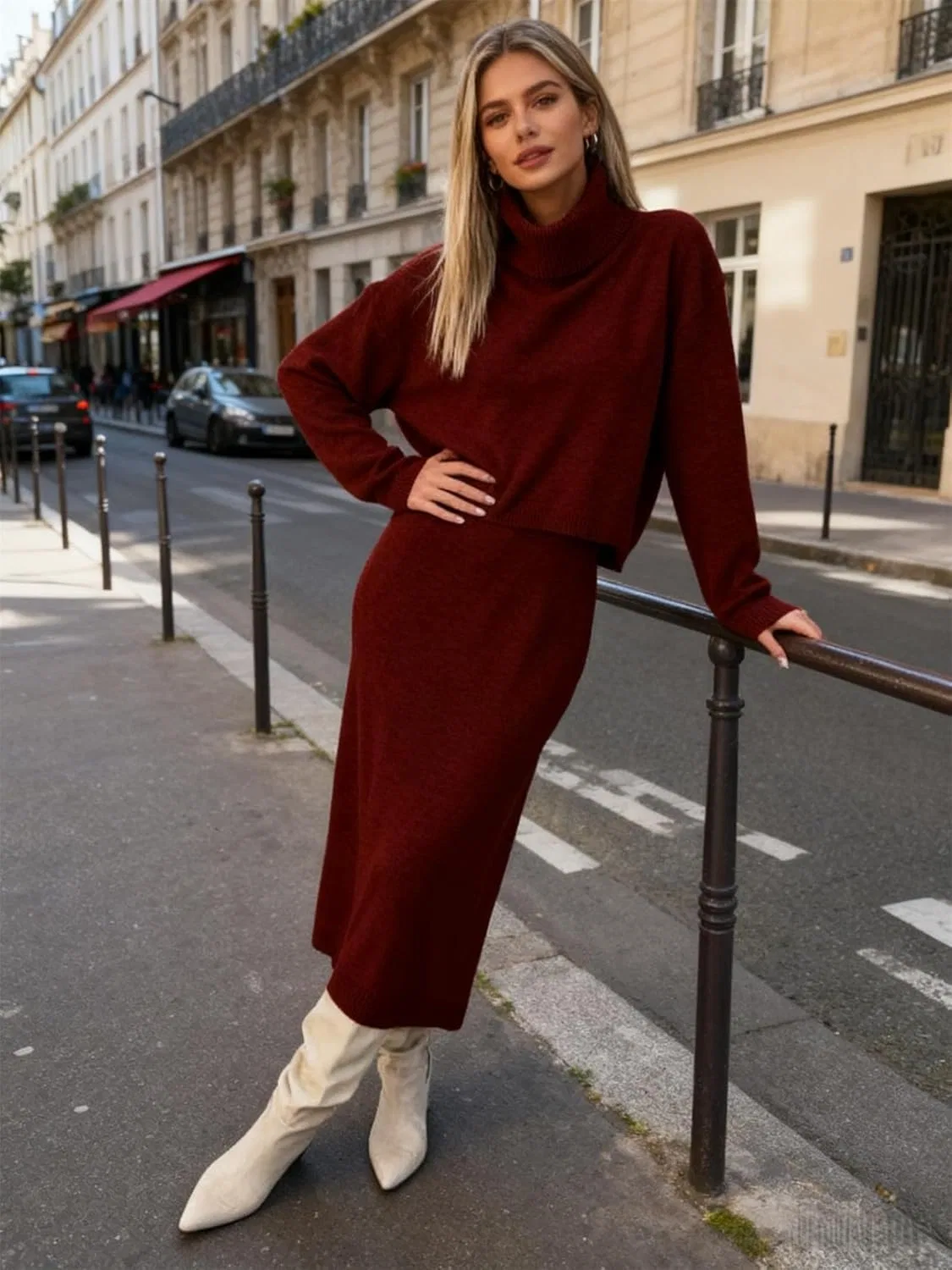 Женский миди-дресс и свитер с водолазкой Ribbed Knit, Wine Red — фото 3
