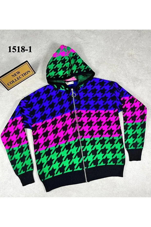 Детский кардиган для девочек с узором в елочку Gore-Seed Patterned Zippered Hooded Girl's Cardigan Minimoda Kids, Colored — фото 2