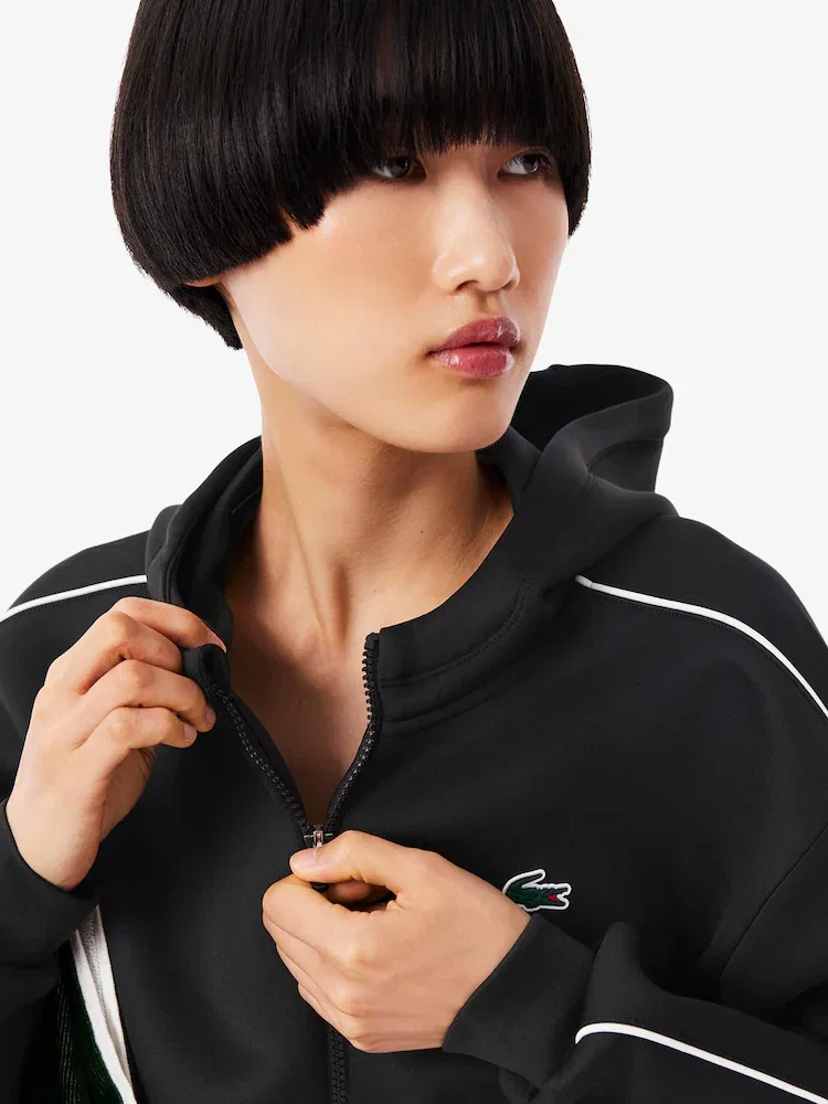 Худи LACOSTE женская тренировочная с пайпингом, спортивная, черная — фото 2