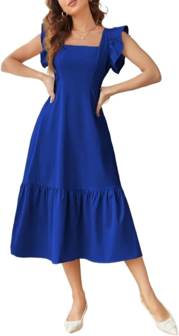 Женское A-силуэта платье миди с узлом и воланами Royal Blue