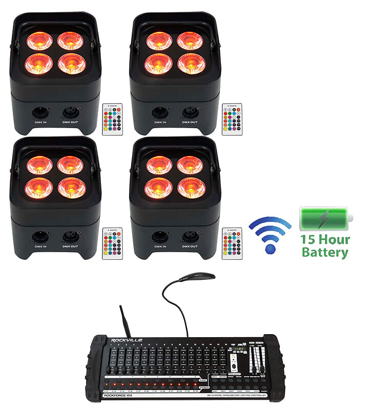 

(4) Rockville BEST PAR 50 Аккумуляторные промывочные огни Беспроводной DMX+384 кан. Контроллер (4) BEST PAR 50+ROCKFORCE W4