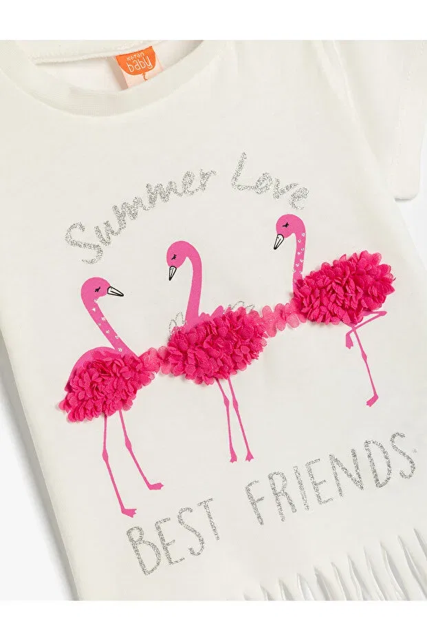 Детская футболка для девочек с принтом Tasseled Flamingo Printed Koton, Ecru — фото 3