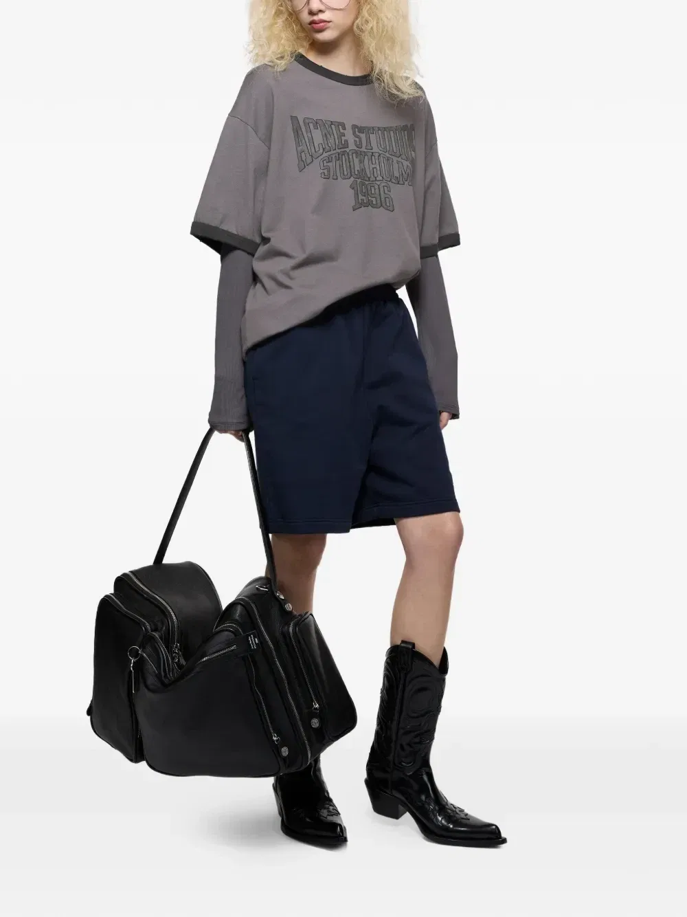 Футболка с логотипом и многослойными рукавами Acne Studios, серый — фото 2