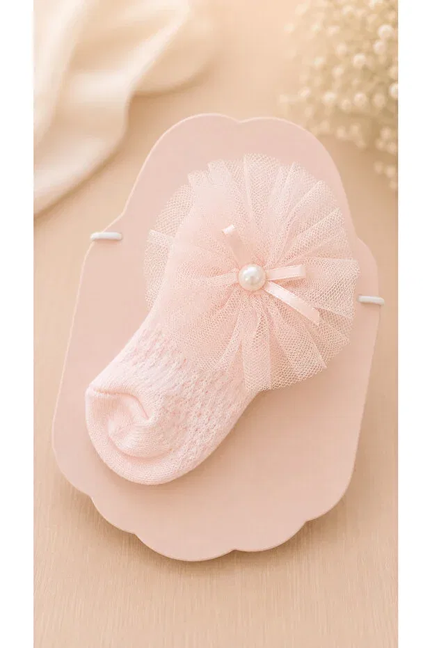 Детский комплект носочков для девочек с принтом Princess Tulle Flower Detailed Baby Girl Socks And Crown Set Benbilge, Pink — фото 3