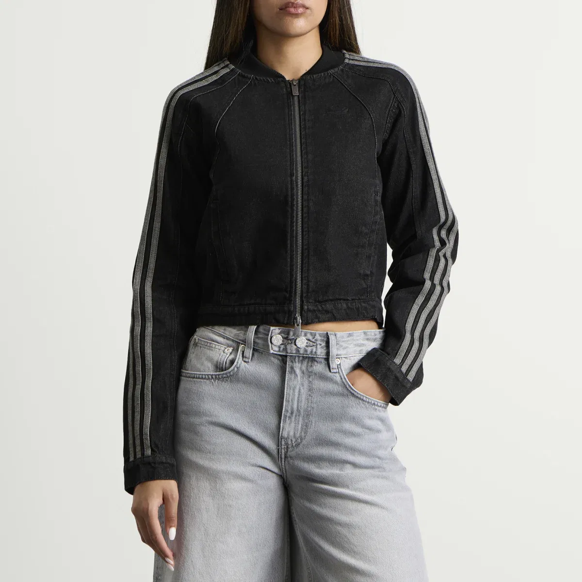 Женский топ из денима с молнией Fitted Denim Track Top Adidas, True Black Denim — фото 2