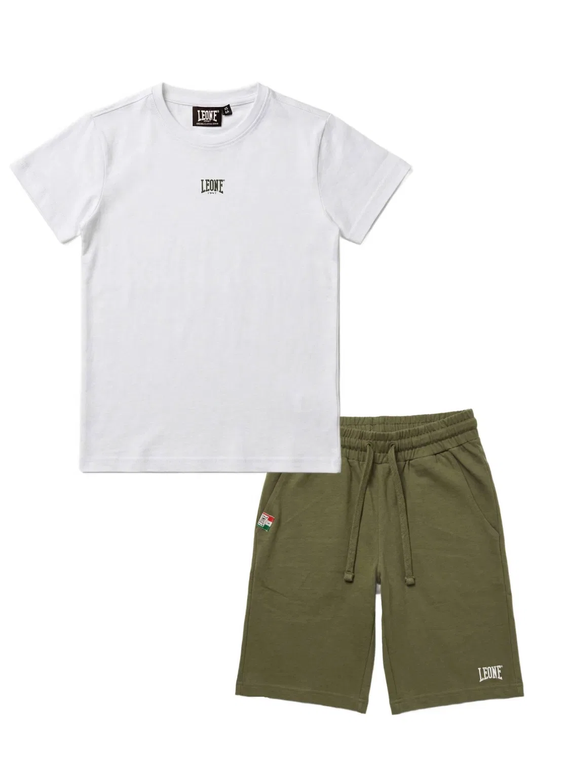 Детский спортивный комплект из футболки и шорт с принтом Leone 1947 Apparel, Weiss / Dschungelgrun