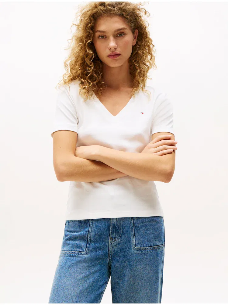 Футболка с V-образным вырезом Slim TOMMY HILFIGER, Ivory