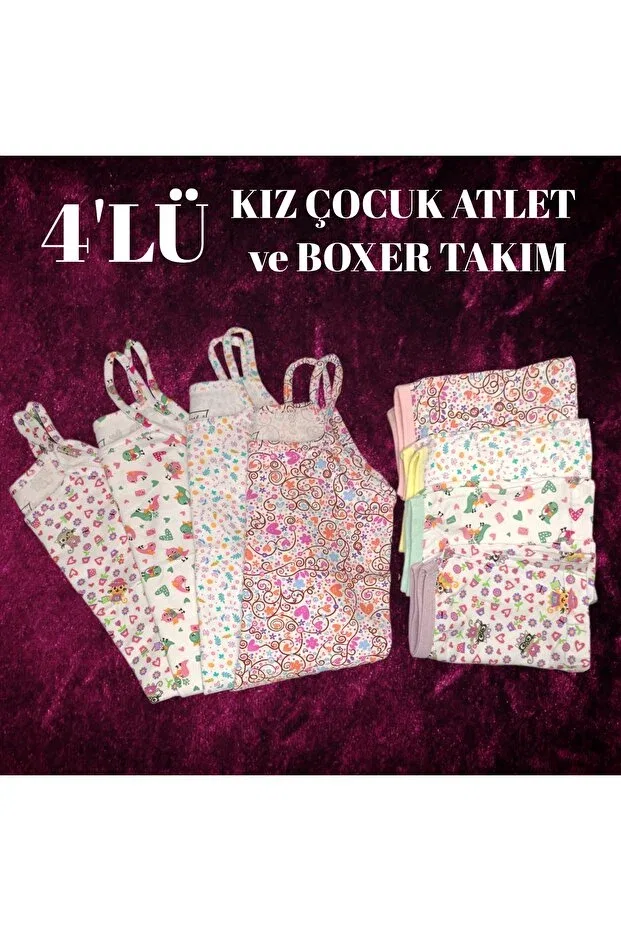 Детский комплект маек и боксеров с принтом Quality Cotton Girl's 4-Piece String Strap Printed Undershirt And Printed Boxer Set Tutku, Multicolor