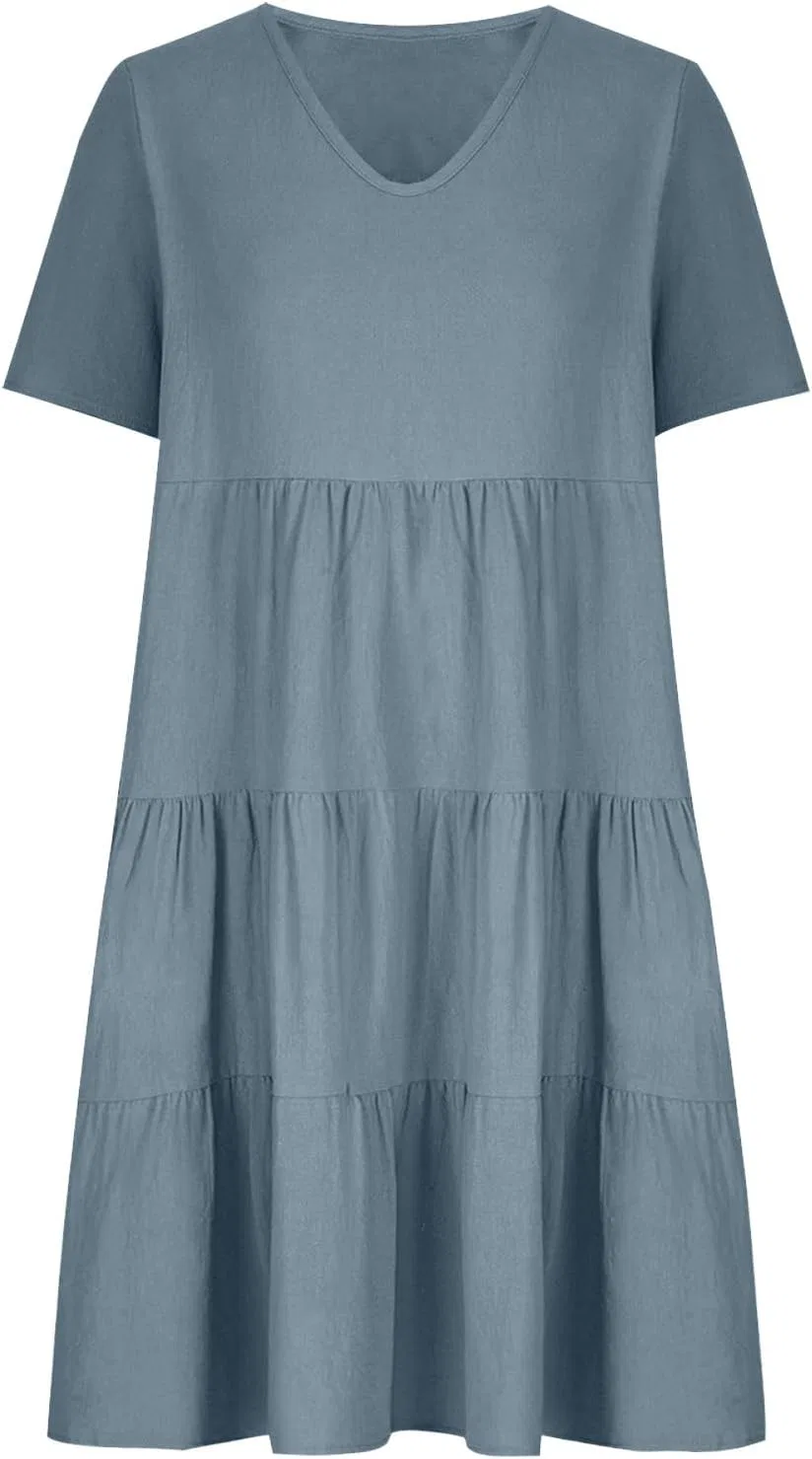 Женское свободное платье с V-образным вырезом из хлопка и льна, Light Blue — фото 3