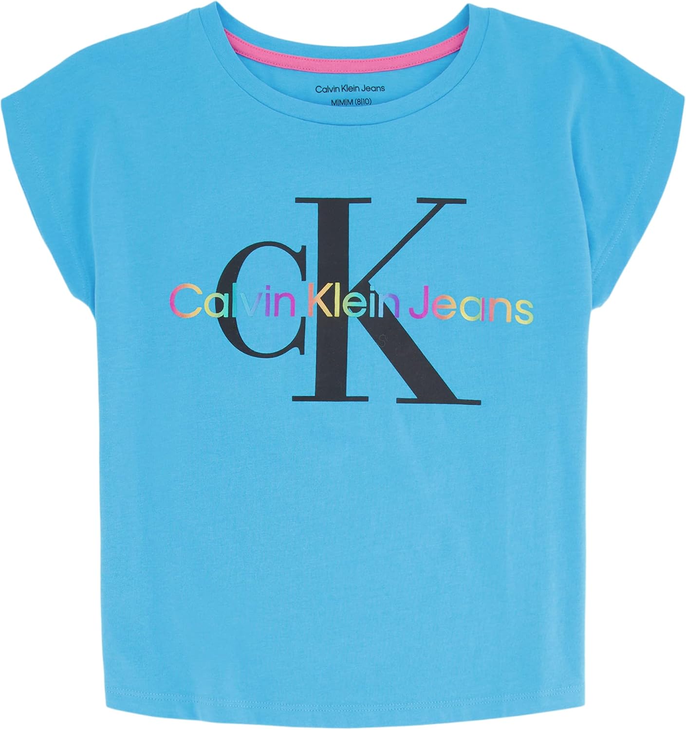 

Футболка Calvin Klein для девочек с короткими рукавами и логотипом, удобная хлопковая футболка с внутренней стороной без бирки, Bleu Atoll Rainbow