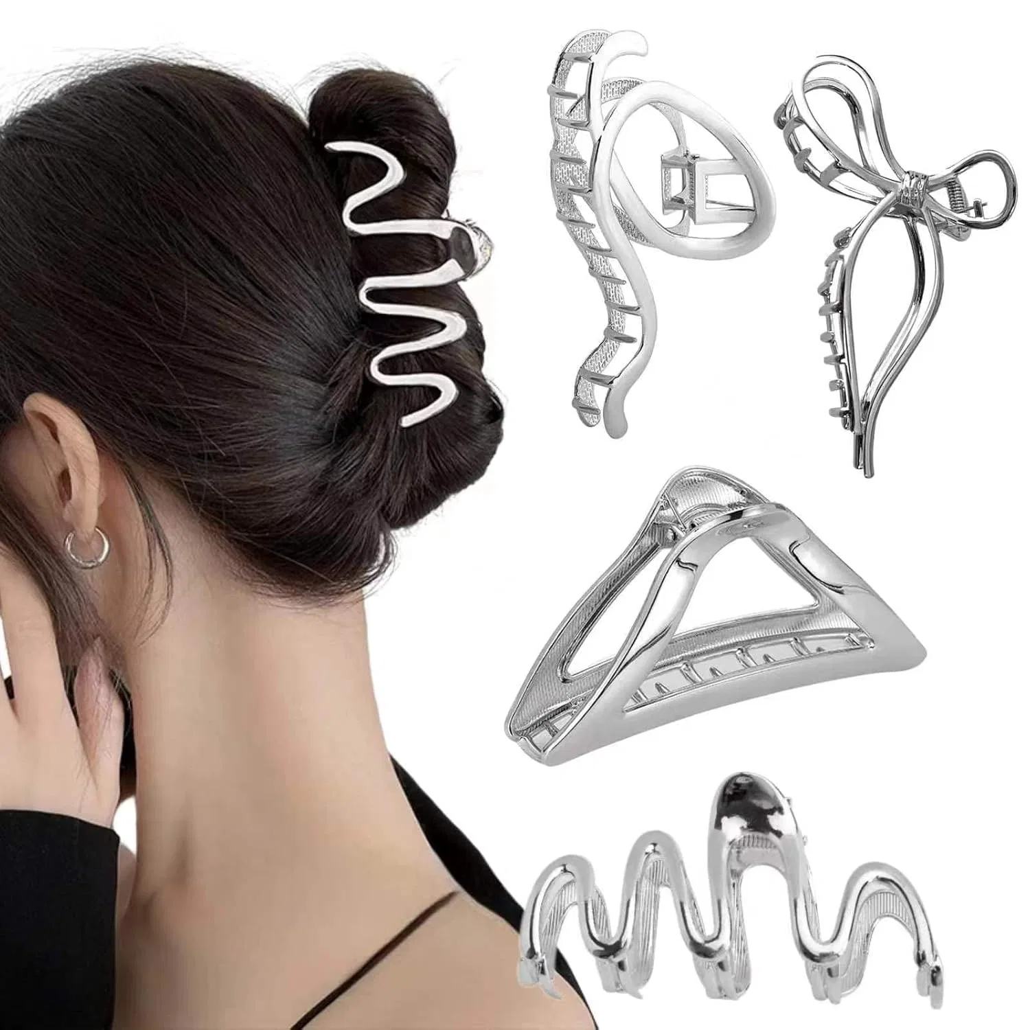 Большие металлические заколки для волос (4 шт.) Ypkia, Silver