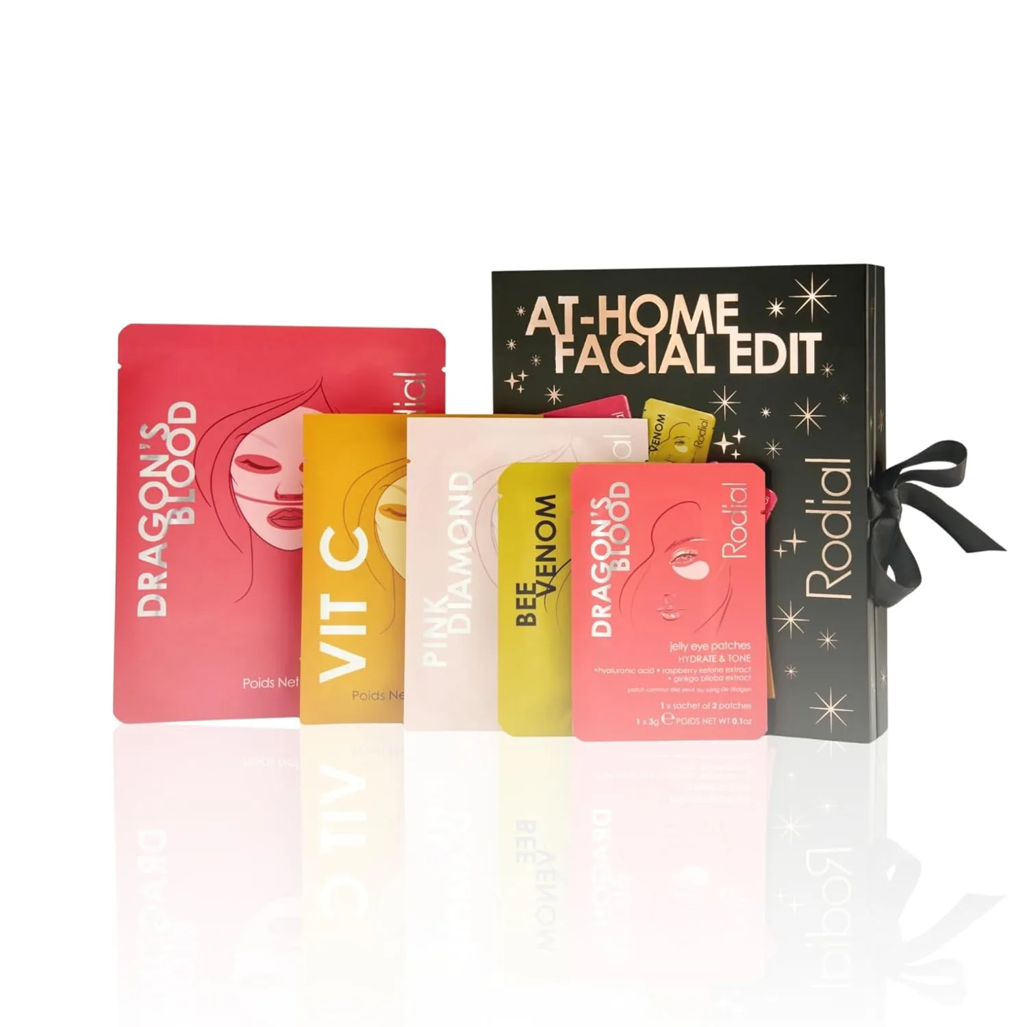Rodial At Home Facial Edit - набор масок с Dragons Blood Hyaluronic Jelly Mask, Pink Diamond и Vit C Sheet Masks и 2 набора патчей для глаз, увлажняющий и осветляющий