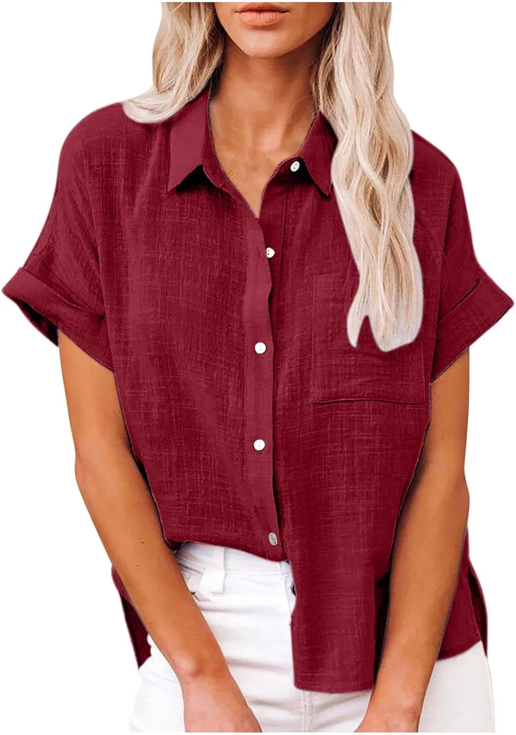 Блуза с воротником, короткий рукав, Cotton Linen, Wine