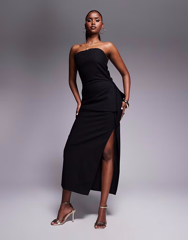 

Эксклюзивная юбка мидакси из хлопковой смеси с эффектом льна, с боковыми разрезами и завязками, черного цвета Kaiia