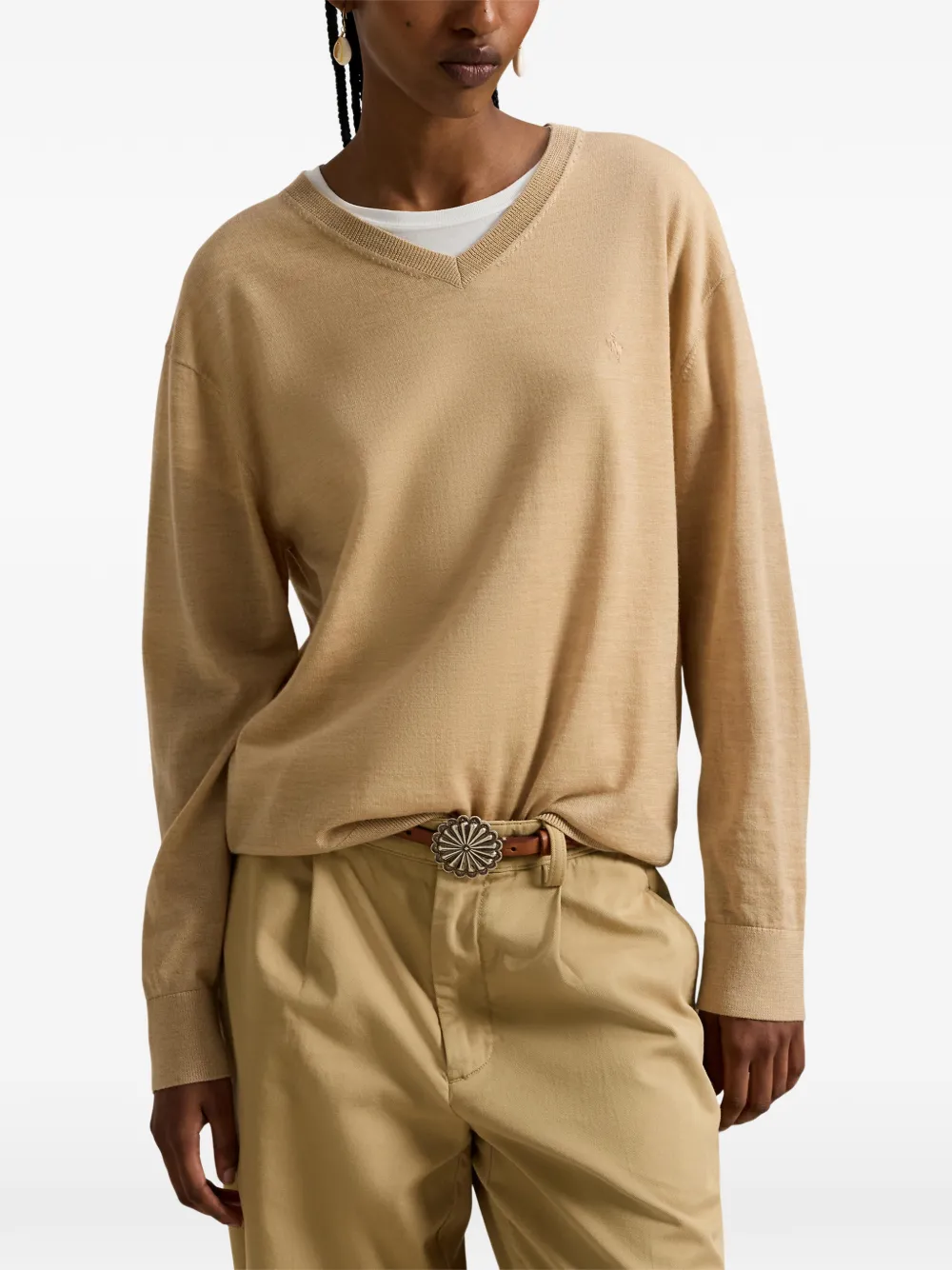 Свитер из шерсти мериноса с V-образным вырезом Polo Ralph Lauren, бежевый — фото 3
