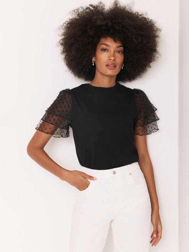 

Футболка с рукавами из спот-тюля Mint Velvet, Black