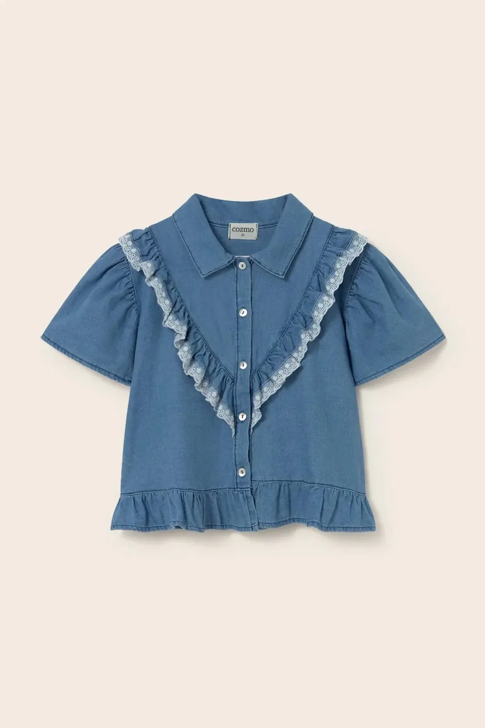 Детская блузка для девочек с короткими рукавами-крылышками Chambray Denim Blouse my little cozmo, синий — фото 3