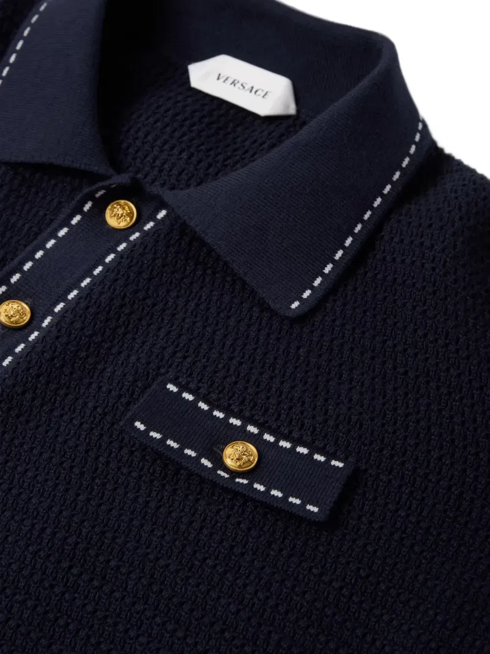 Вязаный кардиган в рубчик с контрастной строчкой Versace Kids, синий — фото 3