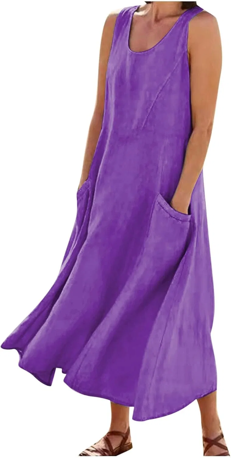 Женское свободное макси-платье без рукавов Linen Dress, Purple