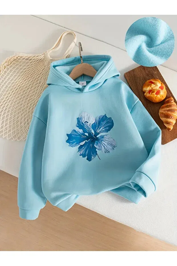 Детские свитшот для девочек с принтом Girl'S hooded baby blue hibiscus flower printed sweatshirt Morning Kids, Blue