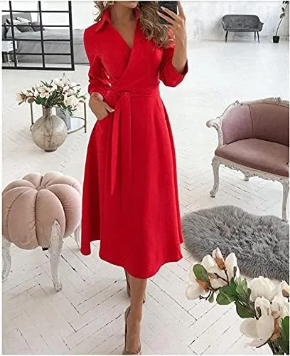 Женское платье-трапеция с воротником и поясом, Bohemian Spring Style, красный — фото 3