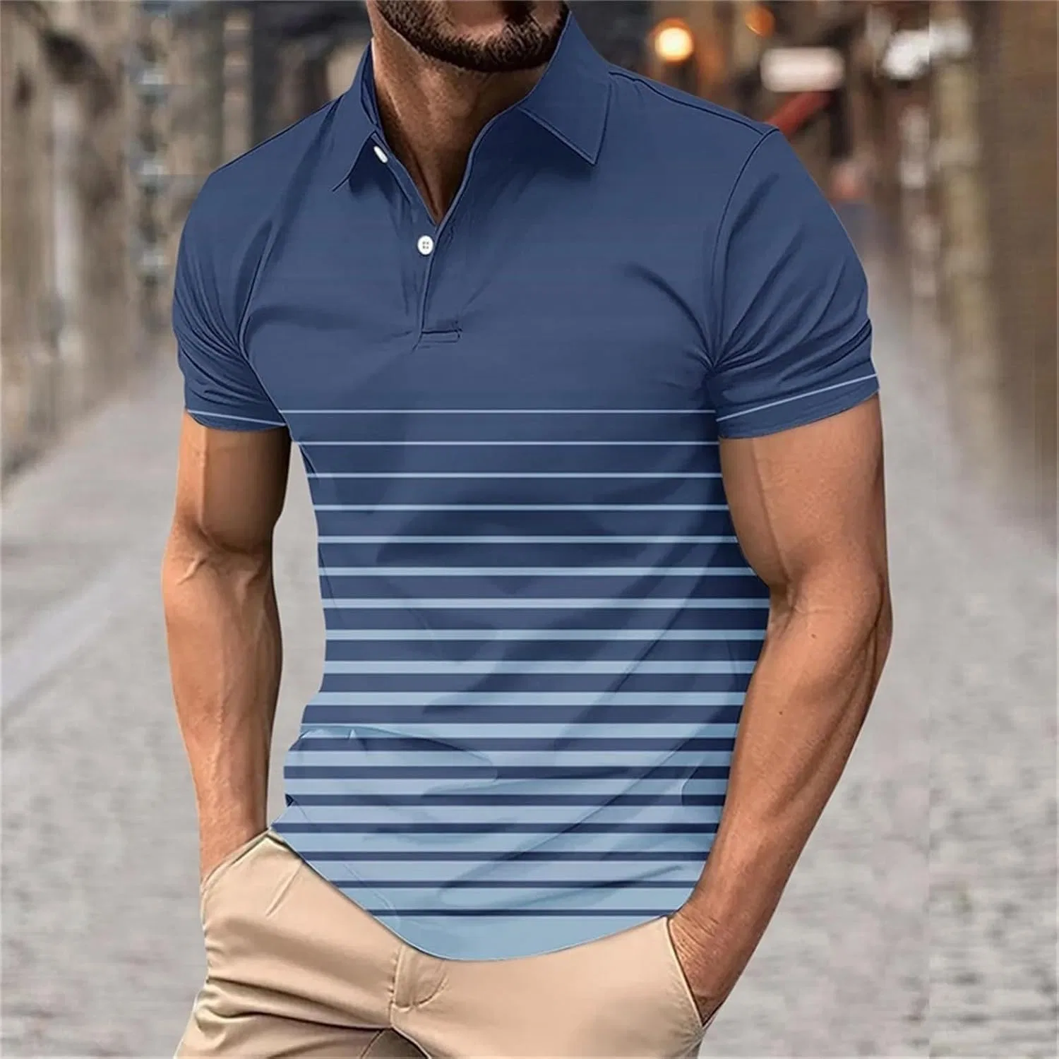 Мужская повседневная футболка с воротником Striped Gradient, Blue — фото 2