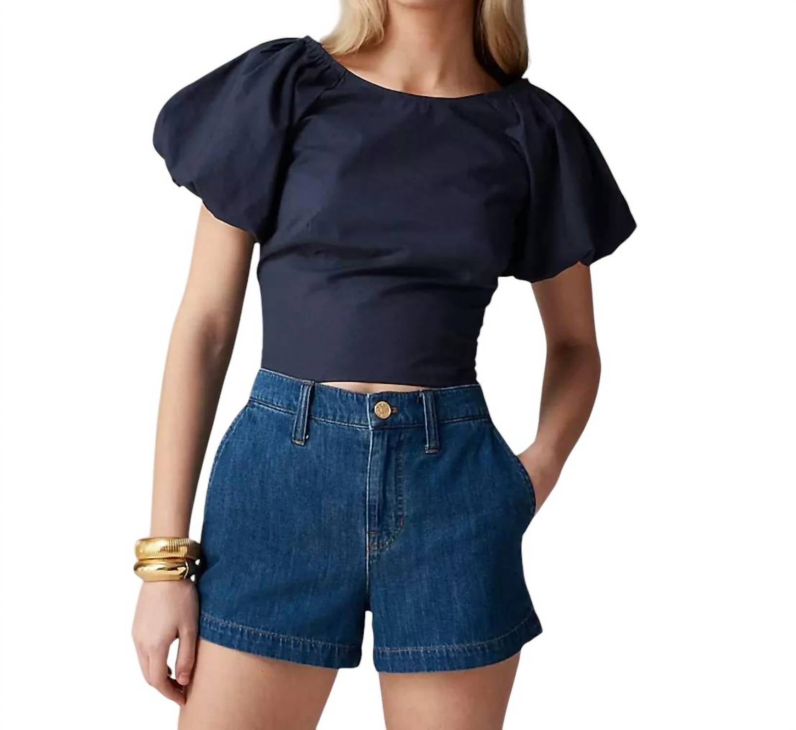 

Приталенный топ с рукавами-фонариками темно-синего цвета J.Crew