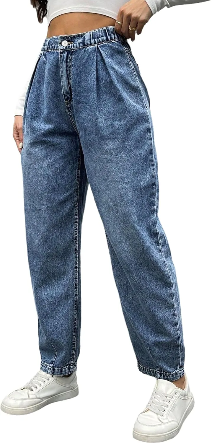 

Женские джинсы Boyfriend с прямой штаниной и эластичным поясом QLAUYIOE