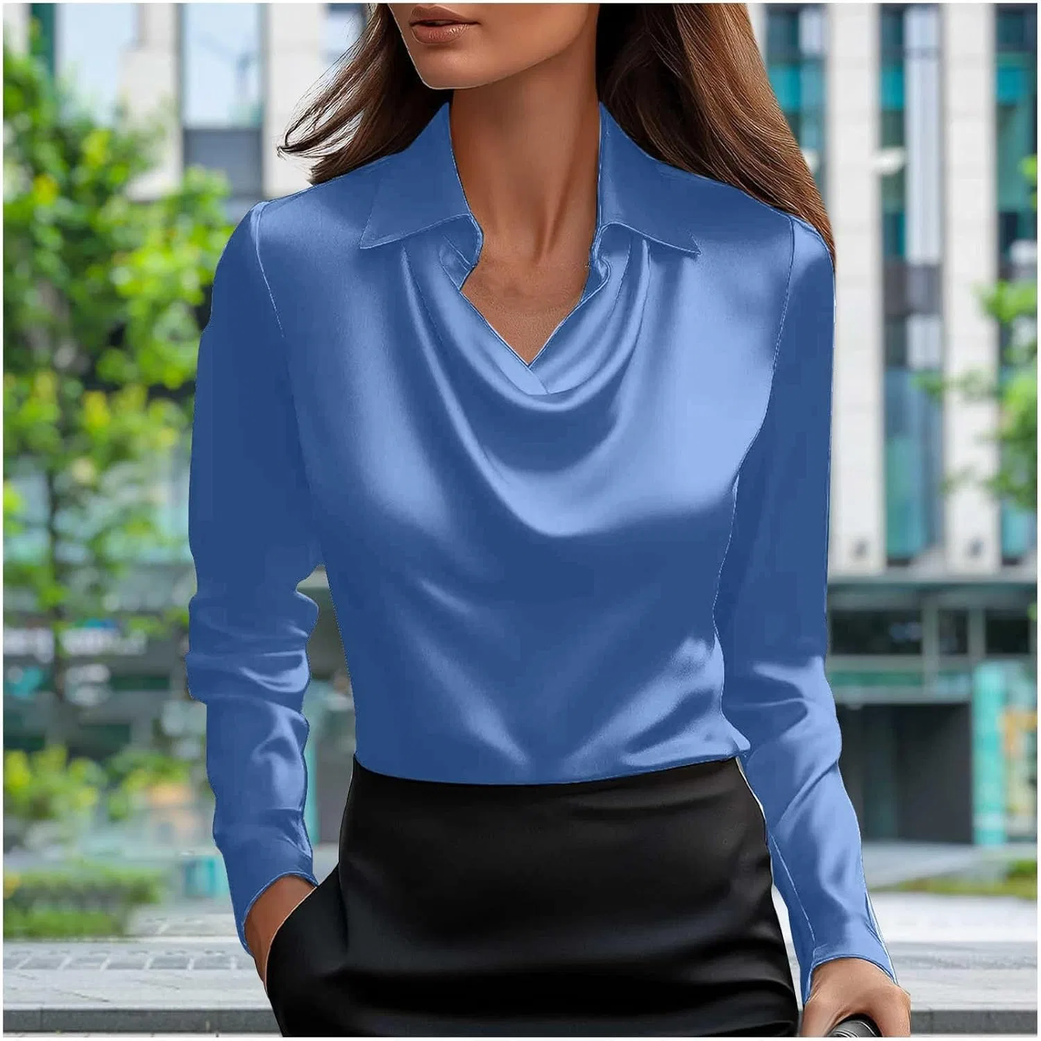 Женская блуза с драпированным вырезом Satin Silk, A-navy — фото 2