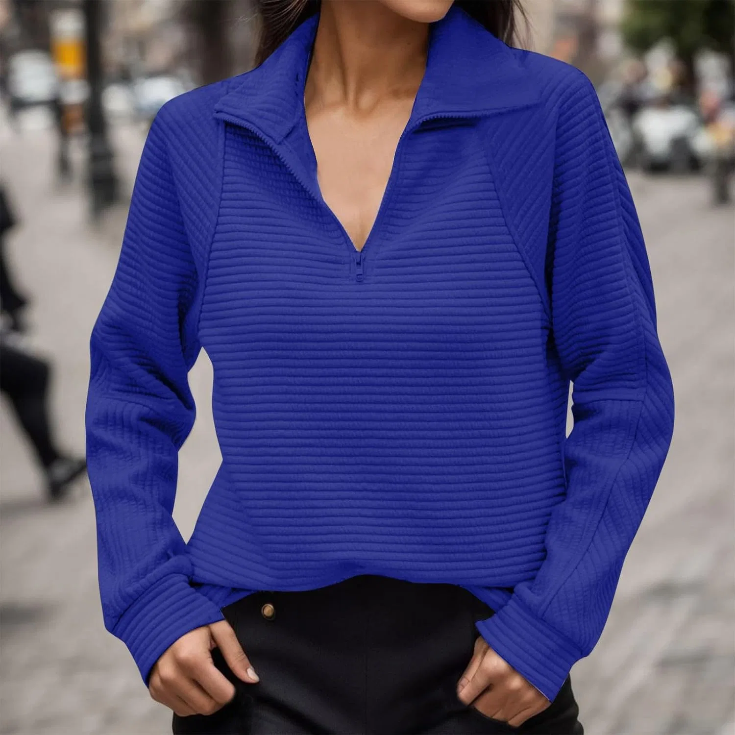 Женский пуловер с длинным рукавом, Quarter Zip, синий — фото 2
