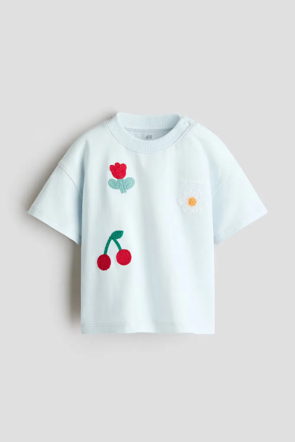 Хлопковая футболка с вышивкой H&M, Hellblau/Kirschen
