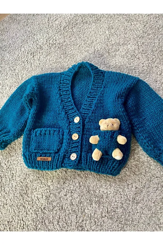 Детский кардиган для мальчиков с принтом Hand Knitted Teddy Bear Detailed Nevalin, Blue — фото 3