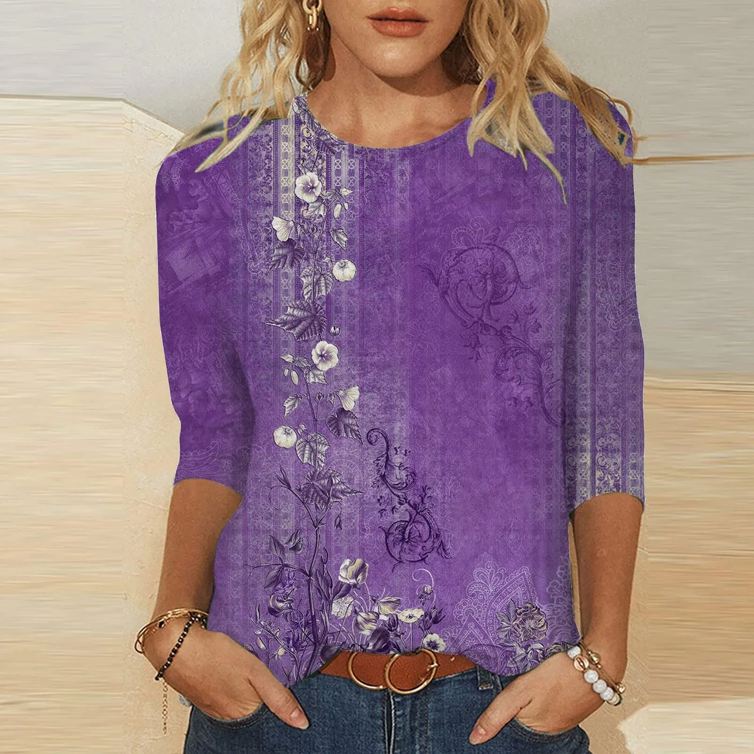 Женская футболка с принтом Plus Size T-Shirts 3/4 Sleeves, Purple #3 — фото 2