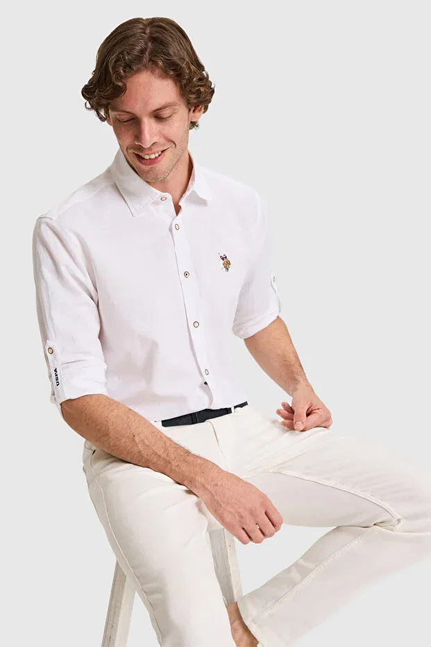 Мужская рубашка из льняной смеси с длинным рукавом U.S. Polo Assn., White