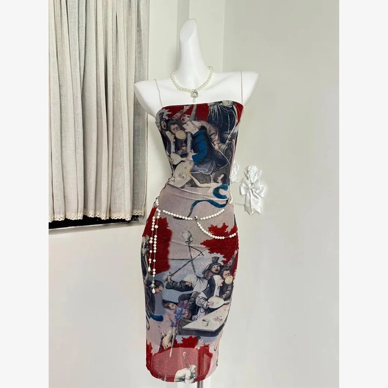 Женское мини-платье с масляной живописью бодикон, Red — фото 3