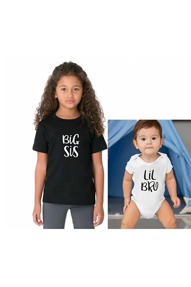 Детский комплект футболок с принтом Big Sis Lil Bro Sister Sister Tshirt Zibin Venüsdijital, Siyah