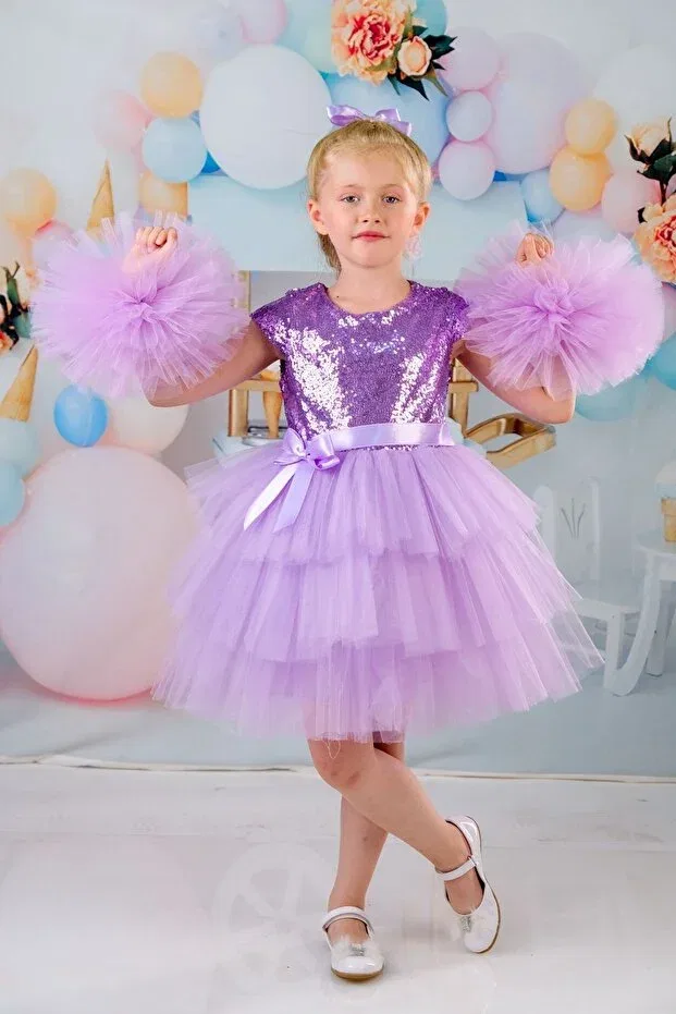 Детское платье для девочек с длинным рукавом Girl'S buckle pompom sleeve evening dress party birthday dress Delfini Kids, Lila — фото 4