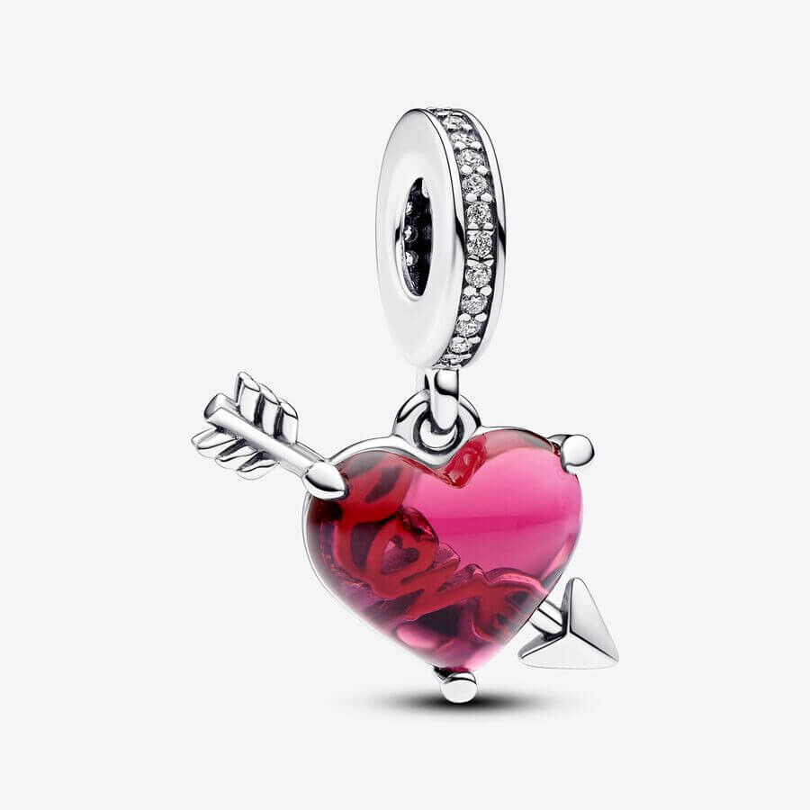 

Шарм-подвеска Pandora Moments Heart & Arrow Murano Glass, серебро/красный