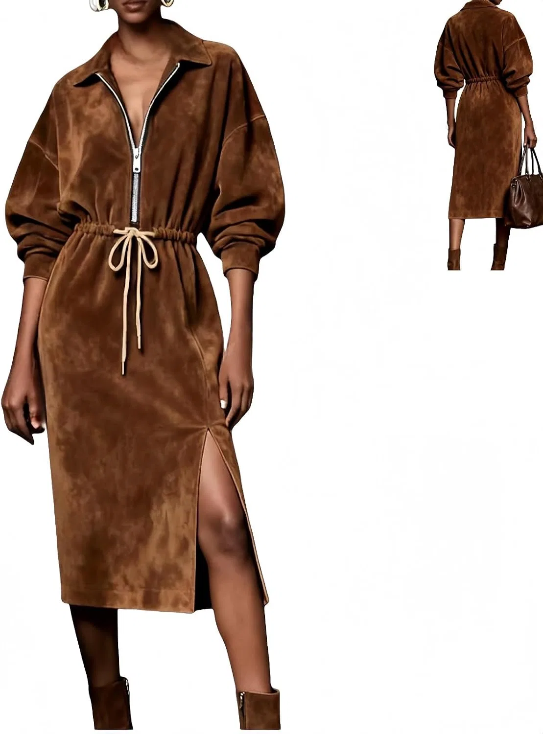 Женское платье миди с застежкой-молнией Suede Zipper, Brown