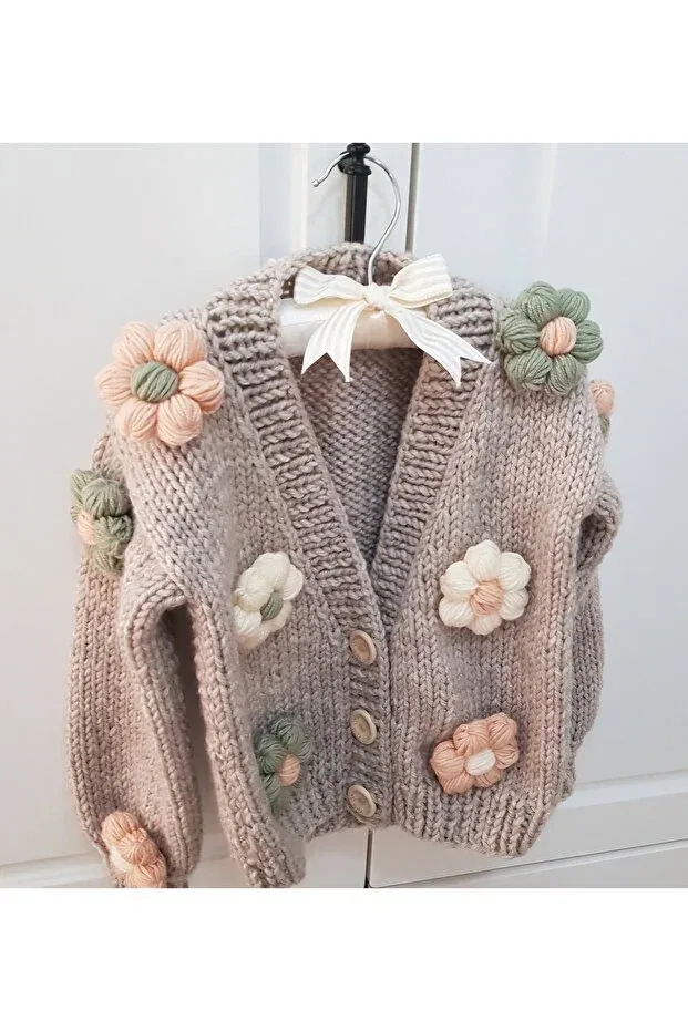 Детский кардиган с принтом Daisy Detailed Hand Knitted Children's Cardigan El Örgüsü, Brown
