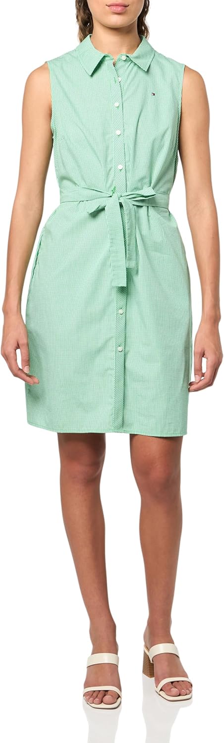 

Женское мини-платье-рубашка Tommy Hilfiger без рукавов с воротником, пуговицами спереди и завязкой на талии, Green/Bright White