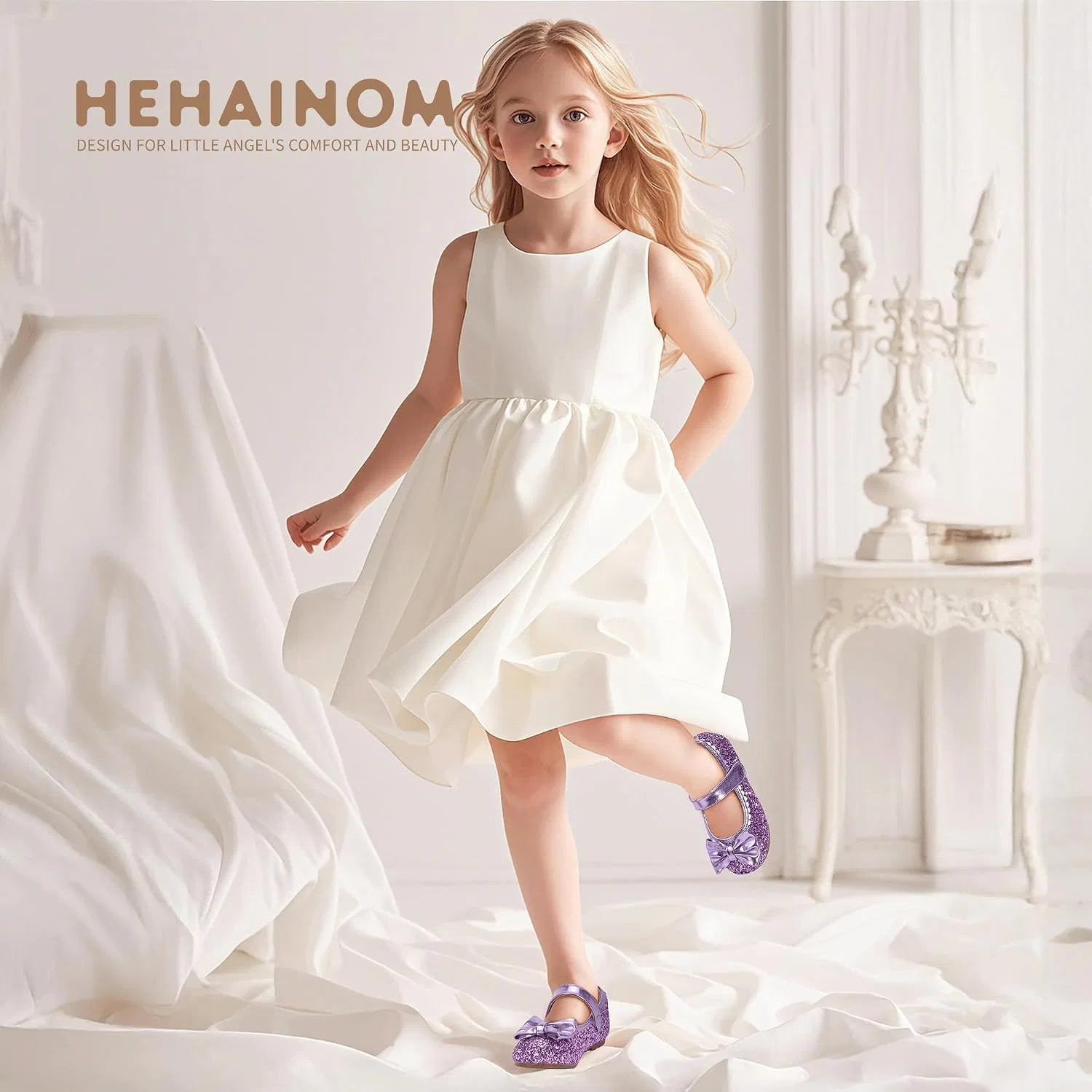 Детские балетки для девочек с бантом Hehainom, Purple Sequin — фото 2