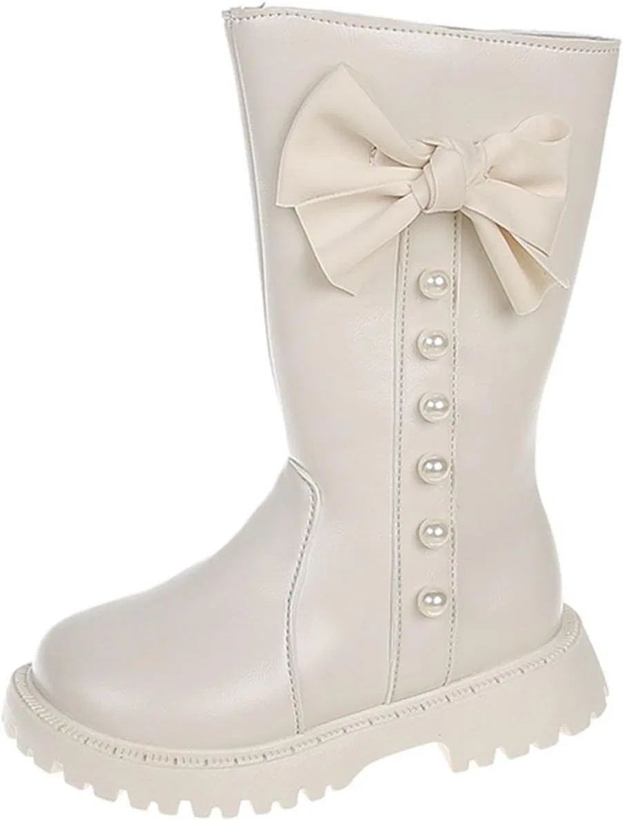 Детские сапоги для девочек с боковой молнией и бантом, модель Princess Mid Calf Boot, White — фото 3