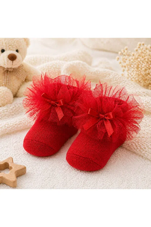 Детские носки для девочек с оборками Minimissbaby, Red — фото 2