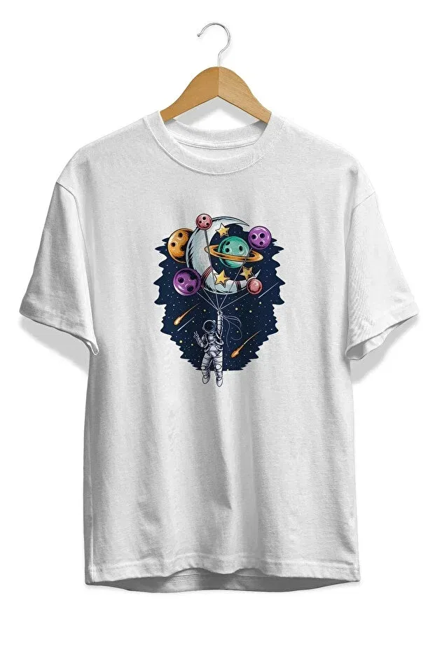 Детская футболка с принтом Unisex Planet Balloon Astronaut Design Printed Oversize Baxia, White