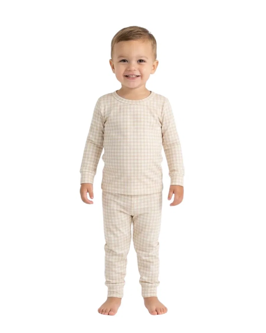 Детская пижама с длинным рукавом, из бамбука, с брюками Motette, Beige Checkered