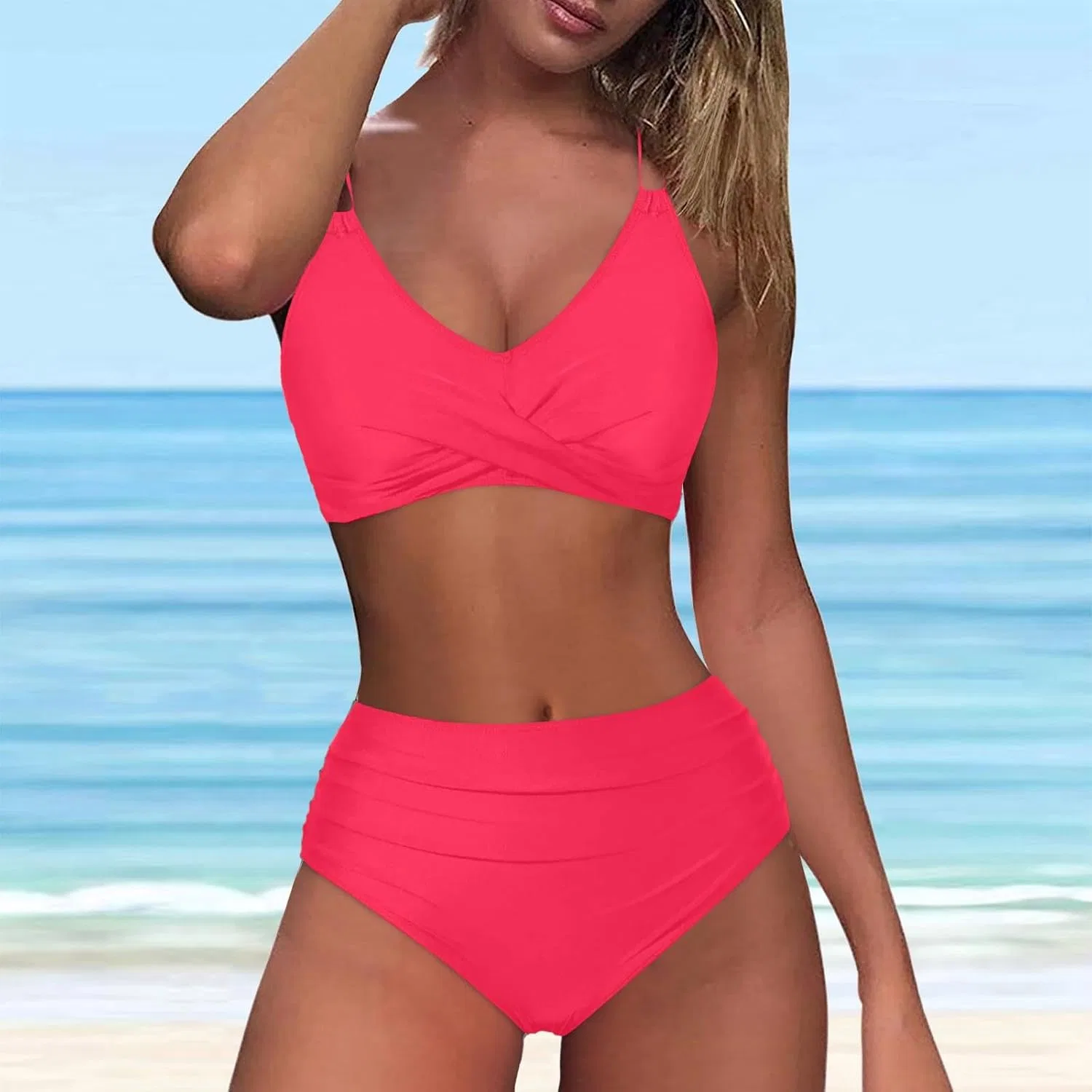 Женский бикини-комплект с высокой талией, Hot Pink — фото 2