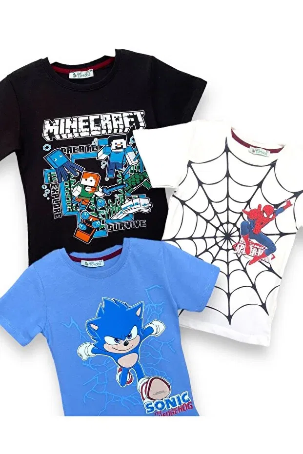 Детский комплект футболок с принтом Sonic-Spider,Man-Minecraft Little Tortoise, Black