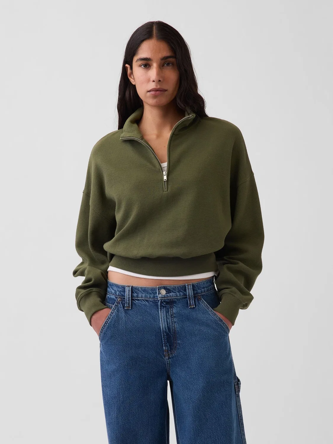 Зеленый фактурный хлопковый пуловер с молнией до половины длины Gap