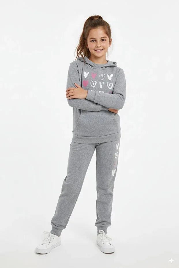 Детский комплект свитшота и брюк для девочек с принтом Kangaroo Pocket Hooded Heart Panios Kids, Gray — фото 2